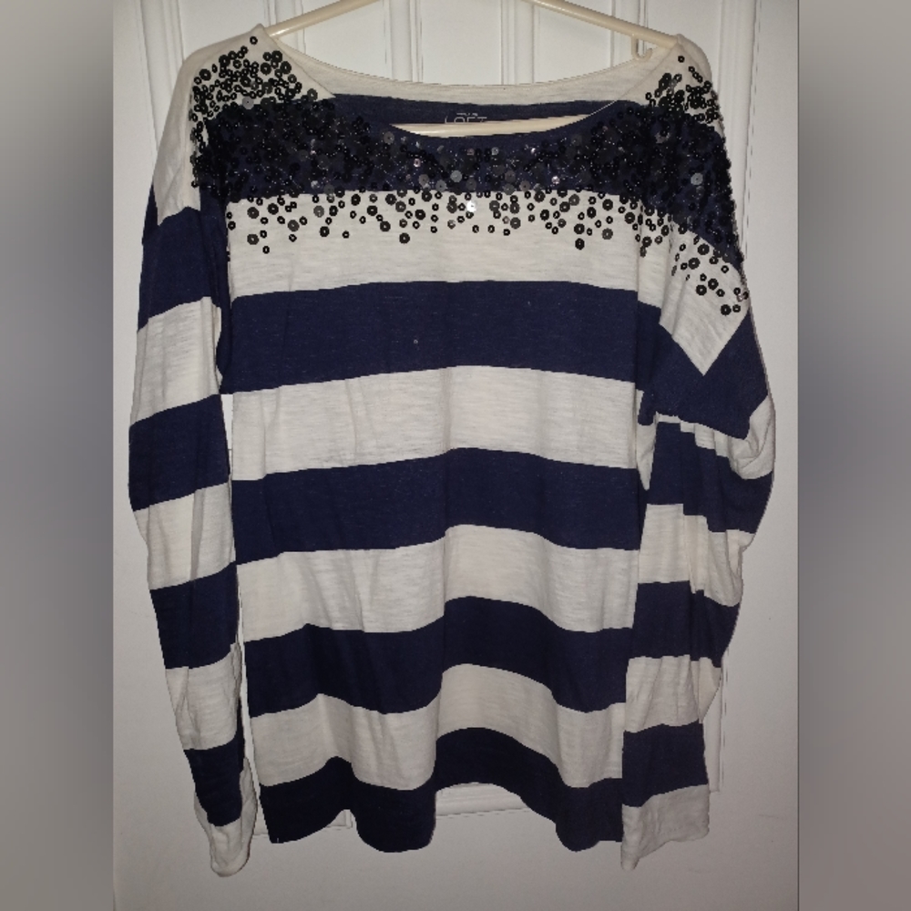 Ann Taylor Women's Blouse Size XL Long Sleeve Blue Striped Top Sequins